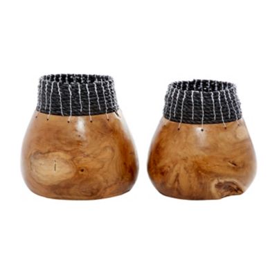 Image showing  Wooden Handmade Vase Set with Seagrass Accents, Brown/Black, 2 pc.
