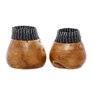 Image showing  Wooden Handmade Vase Set with Seagrass Accents, Brown/Black, 2 pc.