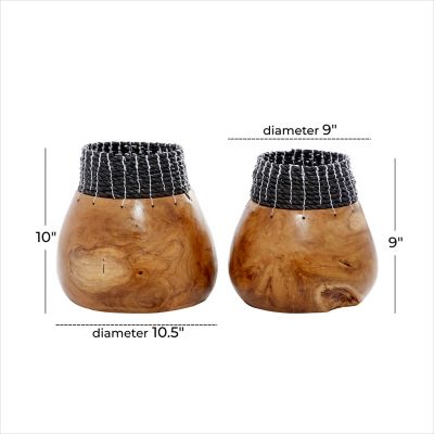 Image showing 5 th Harper & Willow Wooden Handmade Vase Set with Seagrass Accents, Brown/Black, 2 pc.