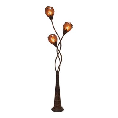 Image showing  Brown Dried Plant Floor Lamp with Decorated Orange Lamp Shades 21" x 9" x 72"