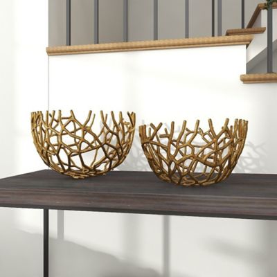 Harper & Willow Gold Aluminum Coral Handmade Decorative Bowl with Mosaic Details, Set of 2 14", 12"W