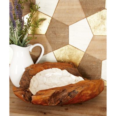 Harper & Willow Brown Teak Wood Handmade Live Edge Free Form Decorative Bowl with Capiz Interior 5" x 18" x 18"