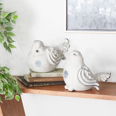 Harper & Willow White Polystone Bird Indoor Outdoor Garden Sculpture, 2 Assorted 12 in.W, 8 in.H, 20933