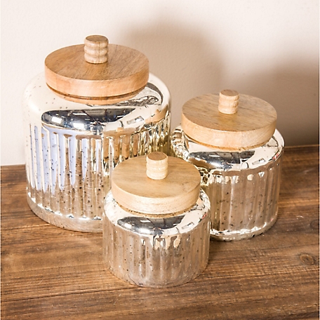 Harper & Willow Silver Glass Decorative Jars with Wood Lids, 8 in., 6 in., 5 in., 3 pc.
