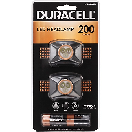 Duracell 2 PACK 200 Lumen LED Headlamp - Comfortable and Ultra-Strong Design with 3 Modes
