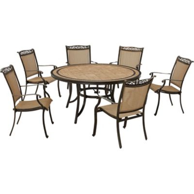 Hanover 7 pc. Fontana Outdoor Dining Set, Includes 6 Sling Chairs and 60 in. Tile-Top Table