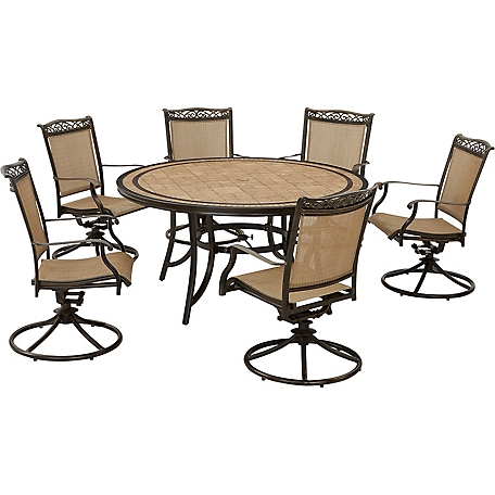 Hanover 7 pc. Fontana Outdoor Dining Set, Includes 6 Sling Swivel Rockers and 60 in. Tile-Top Table