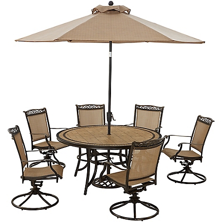 Hanover 7 pc. Fontana Outdoor Dining Set, Includes 6 Sling Swivel Rockers, 60 in. Tile-Top Table and 9 ft. Umbrella