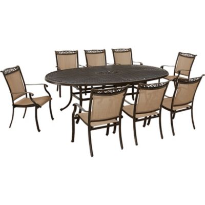 Hanover 9 pc. Fontana Outdoor Dining Set, Includes 8 Sling Dining Chairs and 95 in. x 60 in. Oval Cast-Top Dining Table