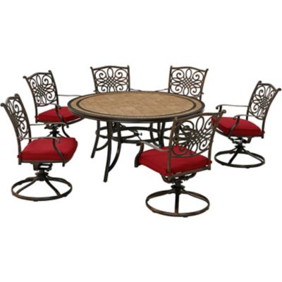 Hanover 7 pc. Monaco Dining Set, Red, Includes 6 Swivel Rockers and 60 in.Tile-Top Table