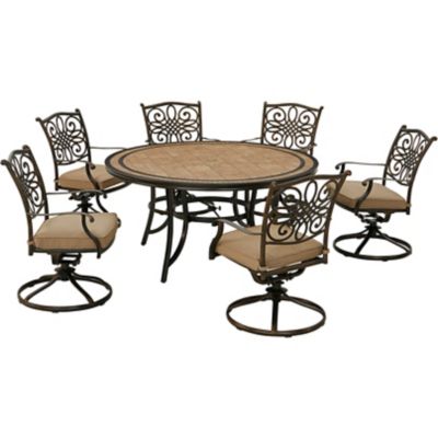 Hanover 7 pc. Monaco Dining Set, Includes 6 Swivel Rockers and 60 in. Tile-Top Table, Tan