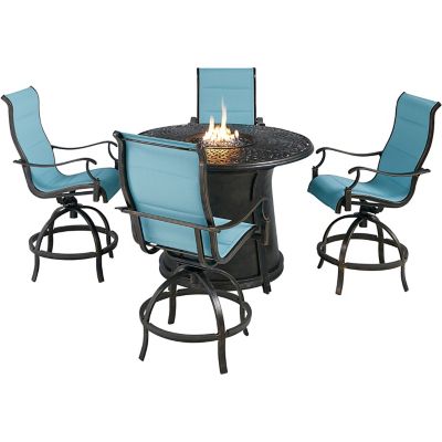 Hanover 5 pc. Traditions High-Dining Set, 4 Padded Counter-Height Swivel Chairs and Cast-Top Fire Pit Table, 40,000 BTU, Blue