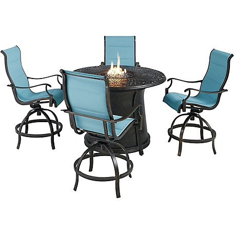 Hanover 5 pc. Traditions High-Dining Set, 4 Padded Counter-Height Swivel Chairs and Cast-Top Fire Pit Table, 40,000 BTU, Blue