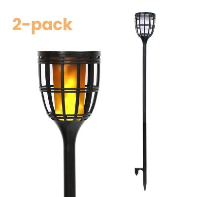 Techko 2pk TECHKO Outdoor Solar Tiki Torch Lights Flame Effect Adjustable Height with incl. Metallic Poles & Ground Stakes