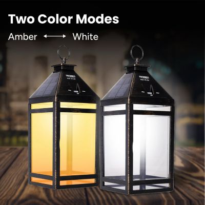 Image showing  12.88 in. Solar-Powered Outdoor LED Vintage Lantern with Hanging Kit and Ring Handle, Clear Panel, Yellow/White LED