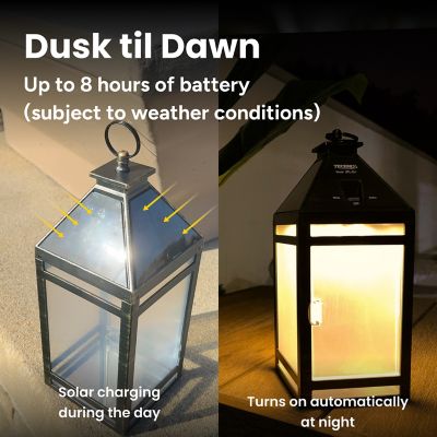 Image showing  12.88 in. Solar-Powered Outdoor LED Vintage Lantern with Hanging Kit and Ring Handle, Clear Panel, Yellow/White LED