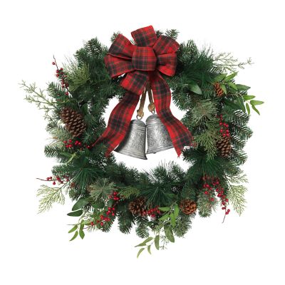 Gerson International 32 in. D Mixed Pine Wreath with Red Berries, Bells, Cone, Cedar, Leaves and Bow