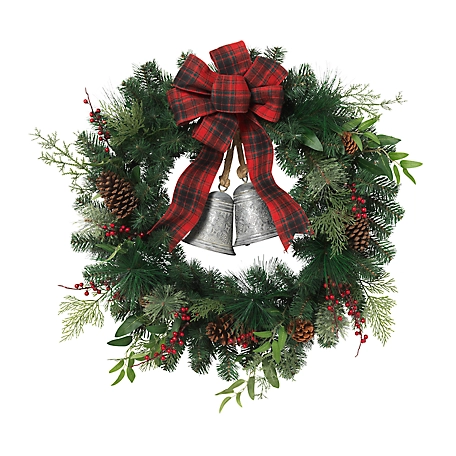 Gerson International 32 in. D Mixed Pine Wreath with Red Berries, Bells, Cone, Cedar, Leaves and Bow