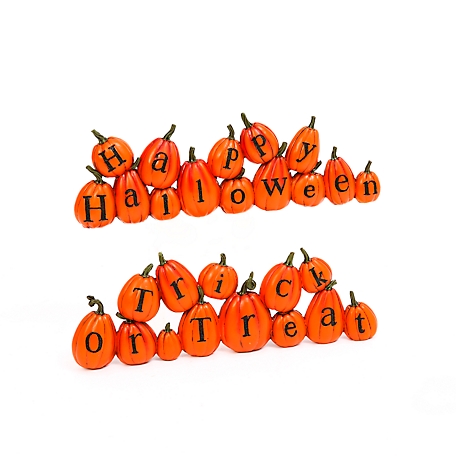 Gerson International 13.7 in. Resin Long Pumpkins Perched Askew Spelling Out Halloween Messages, 2 pk.