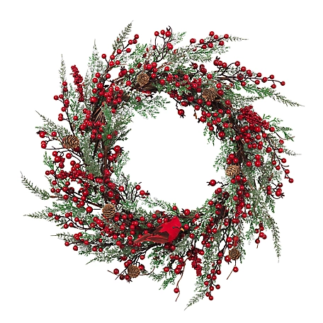 Gerson International 24 in. Winter Greenery Spray Wreath with Red Berry Accents, Pine Cones and Cardinal