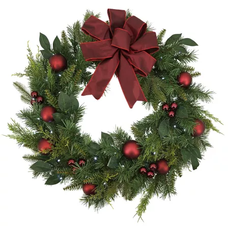 Gerson International 32" Pre-Lit Mixed Pine Wreath with Cedar Leaves Balls and Accents and Ribbon with 50 LED Lights Artificial Christmas Wreaths