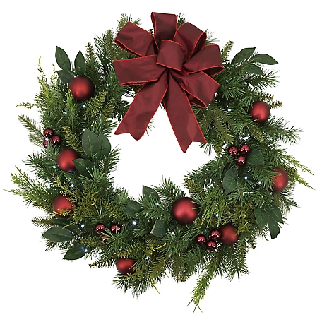 Gerson International 32 in. Pre-Lit Mixed Pine Wreath with Leaves, Ball and Cedar Accents and Ribbon with 50 LED Lights