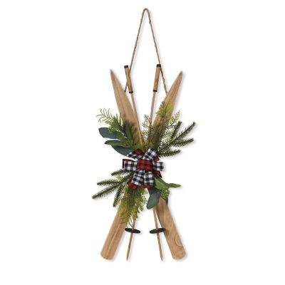 Gerson International Wood Ski Wall Hanging with Floral and Fabric Bow Accent, 26 in. x 11.5 in.