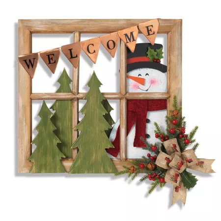 Gerson International 18" Wood and Metal Window with Snowman and Floral Accent Christmas Porch & Door Signs