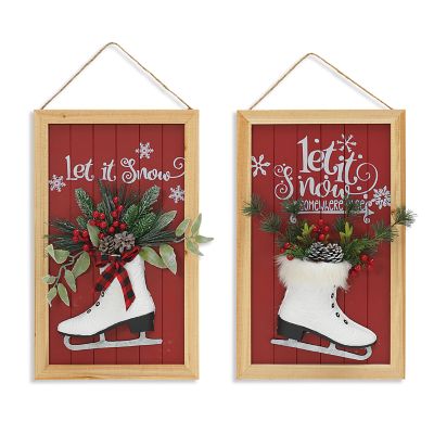 Gerson International Wood Holiday Wall Sign with Skate and Floral Accents, 23 in., 2 pc.