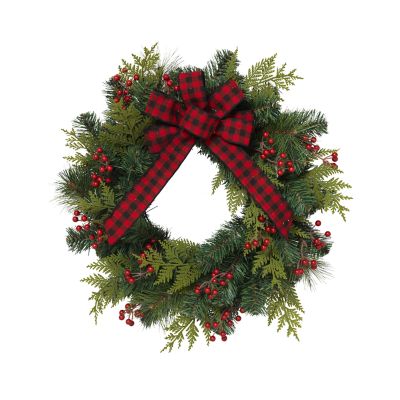 Gerson International 24 in. PVC Pine Wreath with Berries & Bow