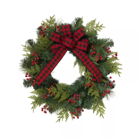 Gerson International 24" PVC Pine Wreath with Berries and Bow Artificial Christmas Wreaths