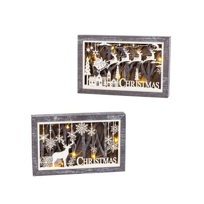 Gerson International 11 in. B/O Lighted Laser-Cut Wood Holiday Scene Wall Decor, 2-Pack