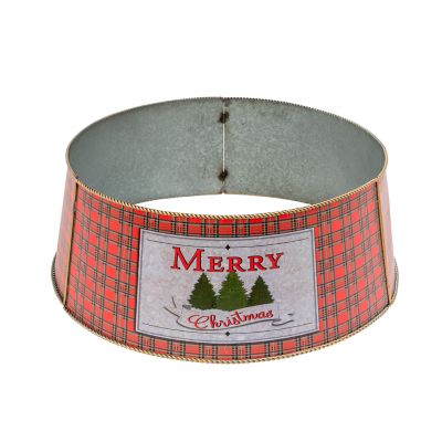 Gerson International 27.75 in. x 10 in. Galvanized Metal Merry Christmas Buffalo Plaid Tree Collar