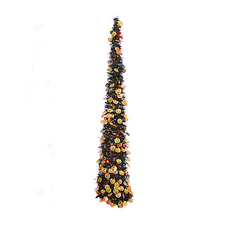 Gerson International 65 in. Electric Lighted Pop-Up Black/Orange Tinsel Halloween Tree