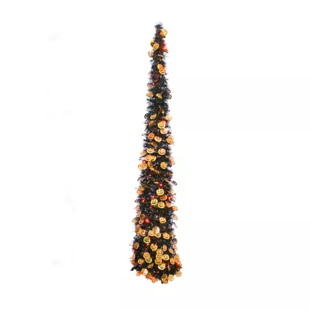 Gerson International 65 in Electric Lighted Pop Up Halloween Tree Black/Orange Tinsel Indoor Standing Halloween Decor