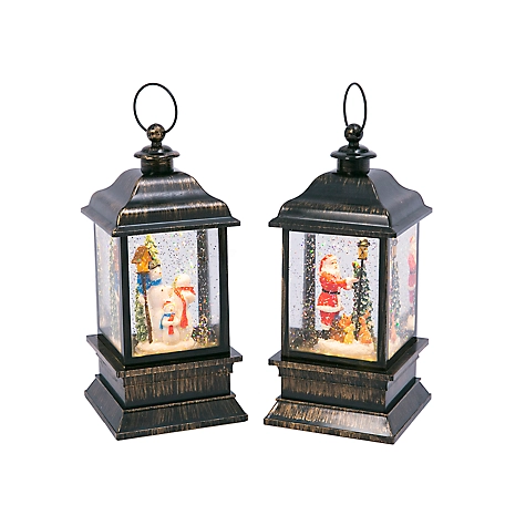 Gerson International 9 in. Battery Operated Lighted Black Lantern Framed Water Globes with Holiday Scenes, 2-Pack