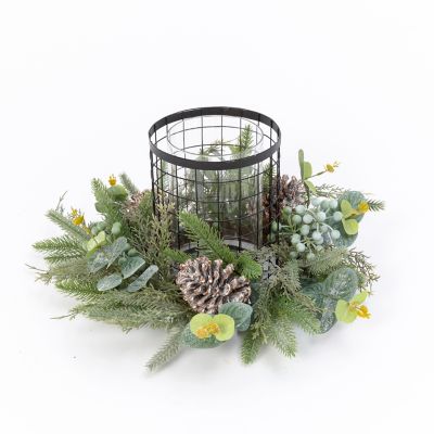 Gerson International 17 in. Holiday Centerpiece with Metal and Glass Candle Holder