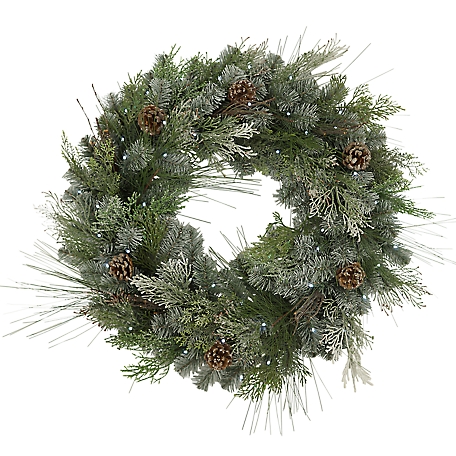 Gerson International 32 in. D Pre-Lit Snowy Mixed Pine Wreath, Pine Cones, Twig, Cedar Accents, 50 White LED Lights