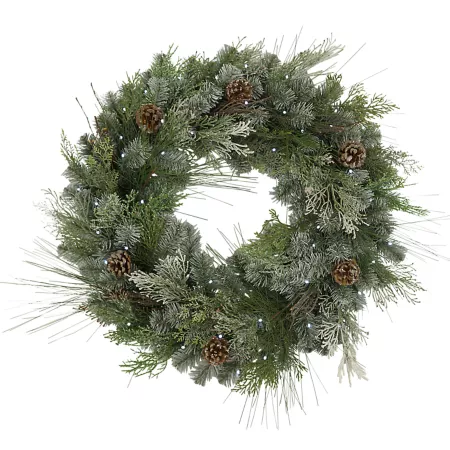 Gerson International Pre-Lit 32" Diameter Snowy Mixed Pine Wreath Pine Cones Twig Cedar Accents 50 White LED Lights Artificial Christmas Wreaths