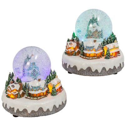 Gerson International 6.7 in. Battery Operated Lighted Musical Spinning Water Globe with Village Scene, 2 pk.