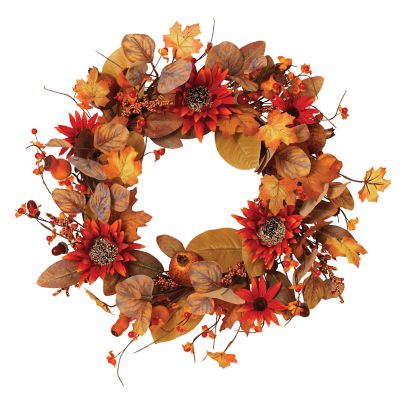 Gerson International 22 in. D Harvest Wreath, Featuring Fall Leaves, Berries and Orange Sunflower Accents