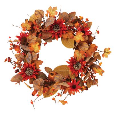 Gerson International 22 in. Harvest Wreath, Featuring Fall Leaves, Berries and Orange Sunflower Accents