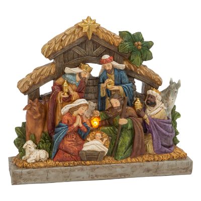 Gerson International Battery-Operated Lighted Resin Nativity Stable with Figurines, 17.7 in.