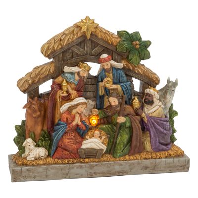 Gerson International 17.7 in. Battery Operated Lighted Resin Nativity Stable with Figurines