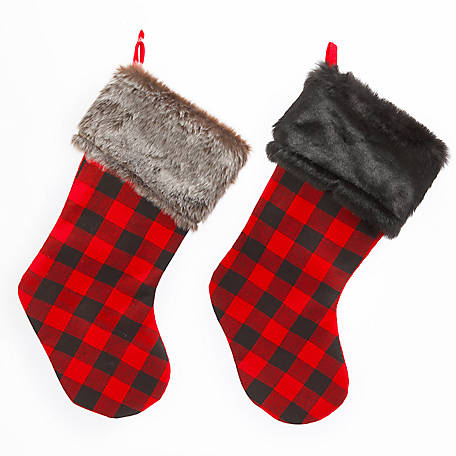 Details about   Christmas Stocking 18 Inch Faux Fur Jingle Bell Bottons Buffalo Check Plaid 