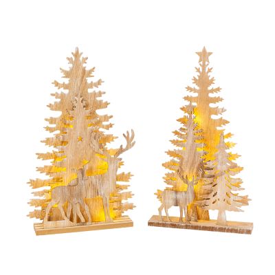 Gerson International 17.25 in. Battery Operated Lighted Laser Cut Trees and Reindeer Tabletop Decor, 2 pk.