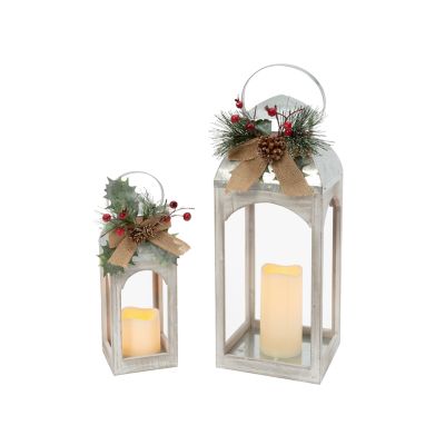 Gerson International 18 in. Battery-Operated Lighted Metal and Wood Lanterns, 2 pc.