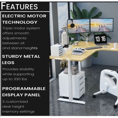 Image showing  73 in. L-Shaped Electric Sit-Stand Height-Adjustable Desk with Triple Motor System, Natural/White