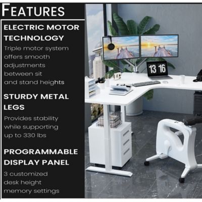 Image showing  73 in. L-Shaped Electric Sit-Stand Height-Adjustable Desk with Triple Motor System, White