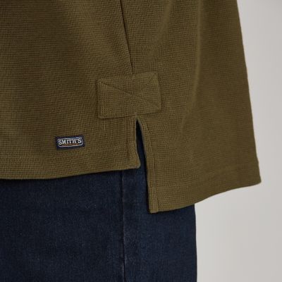 Image showing  Long-Sleeve Extended Tail Mini Thermal Knit Henley Pullover with Gusset